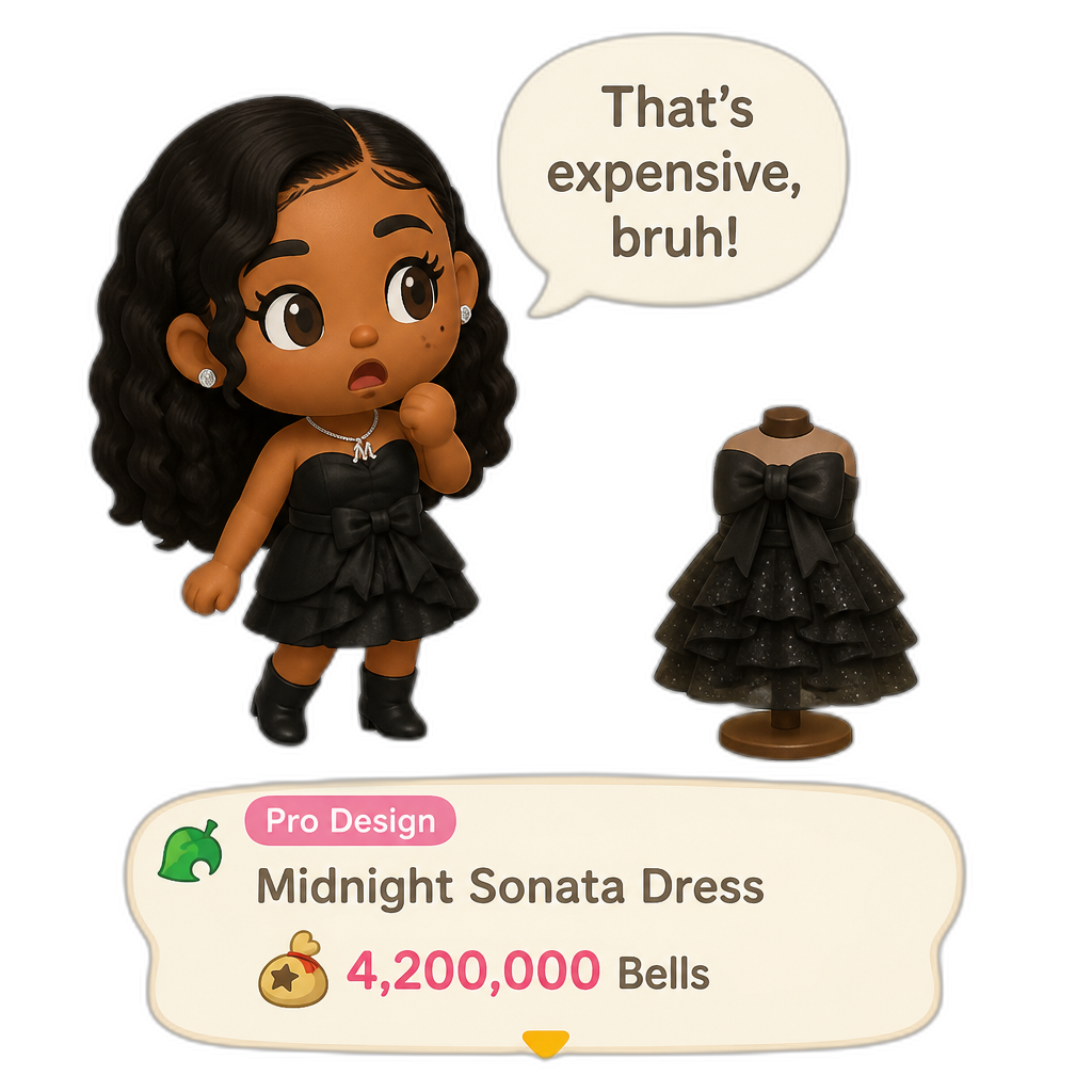 Mariah The Scientist as a Human Villager, Animal Crossing, finding an expensive item worth millions of Bells, saying "That's expensive, bruh!", pro design dress item - AI generated emoji