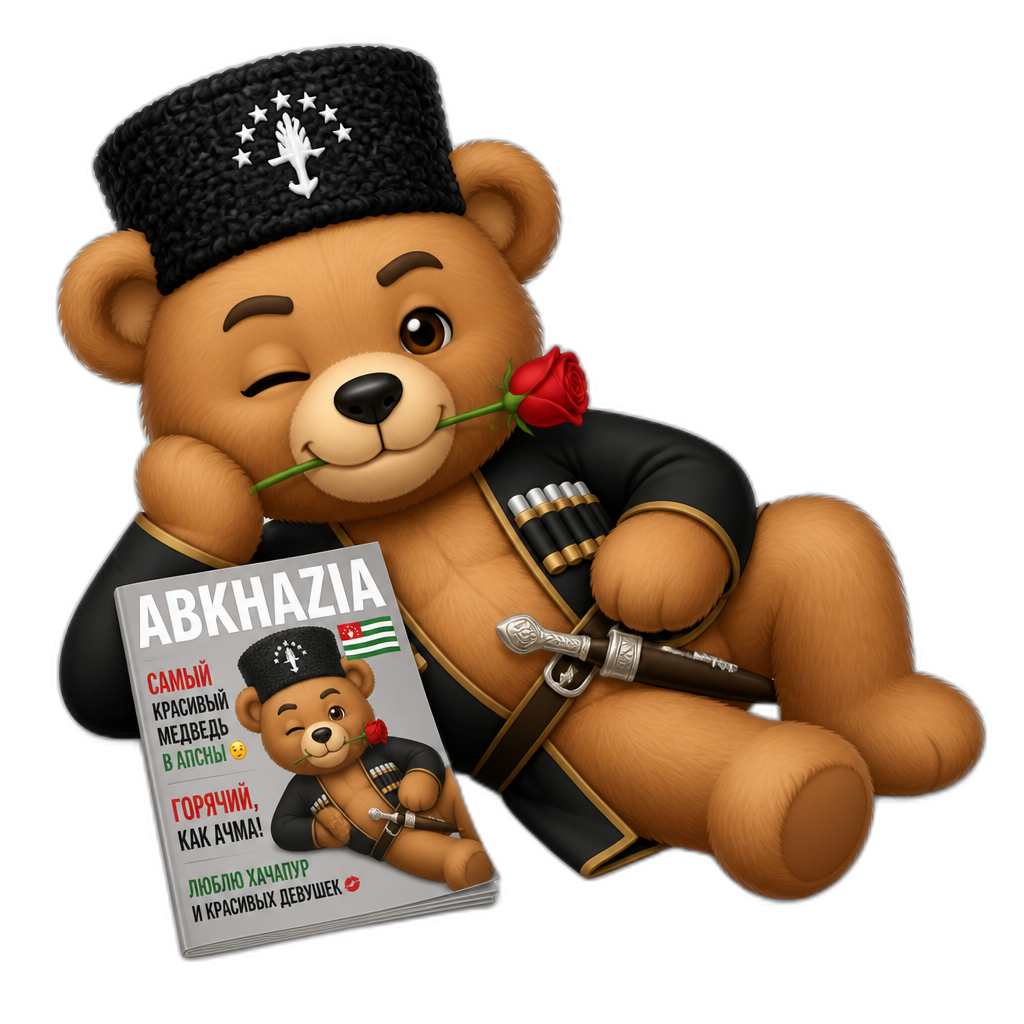 Create a Teddy bear who is a flirty crude Abkhazian on the magazine. any fur color - AI generated emoji