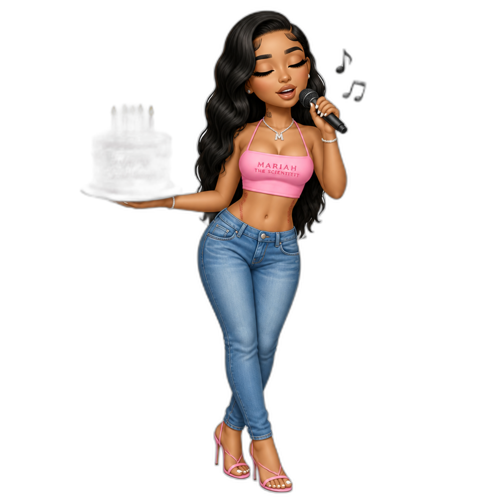 Mariah The Scientist with a birthday cake, pink crop top, blue jeans, stilettos, singing Happy Birthday - AI generated emoji