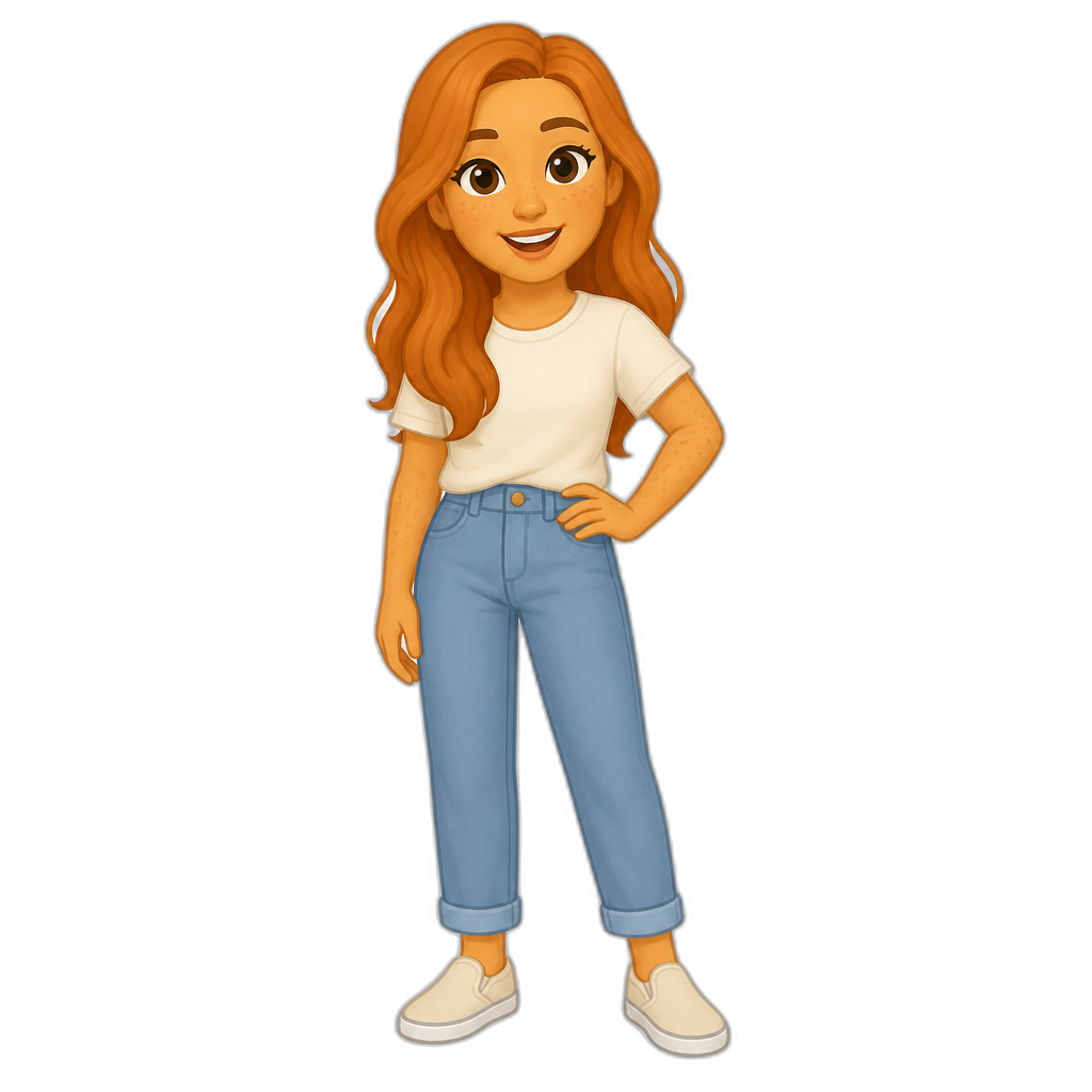 Chilli Heeler as a human, cartoon style, 2D, long orange hair, slipon shoes, adult female - AI generated emoji