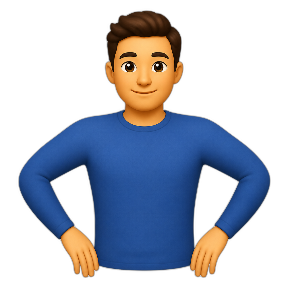 Upper body of a man, cropped at the waist. Arms akimbo with elbows pushed further outward, creating a wider and more pronounced half-circle arc. Hands hang loosely at hip level, palms facing away from the viewer. - AI generated emoji