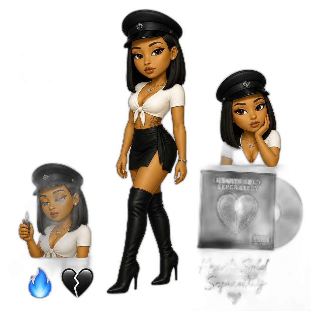 Mariah The Scientist, white short sleeved crop top tied in the front, black skirt, black stiletto boots, black military hat, 'Burning Blue' music video shoot, 'Hearts Sold Seperately' album, medium length straight hair - AI generated emoji
