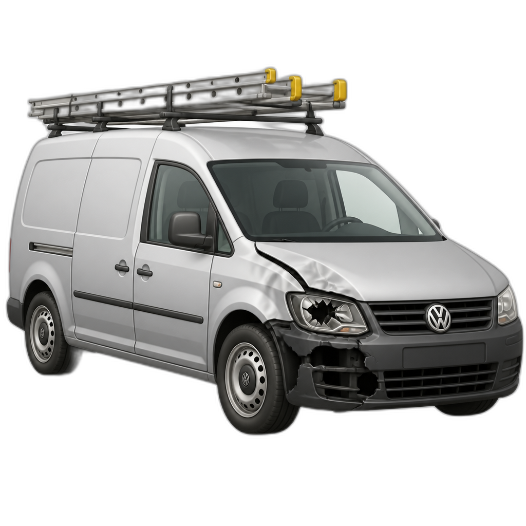 2007 grey vw caddy maxi panel van with ladders on a roof rack and the passenger side front end smashed in with passenger side broken light and left side of the front bumper missing - AI generated emoji