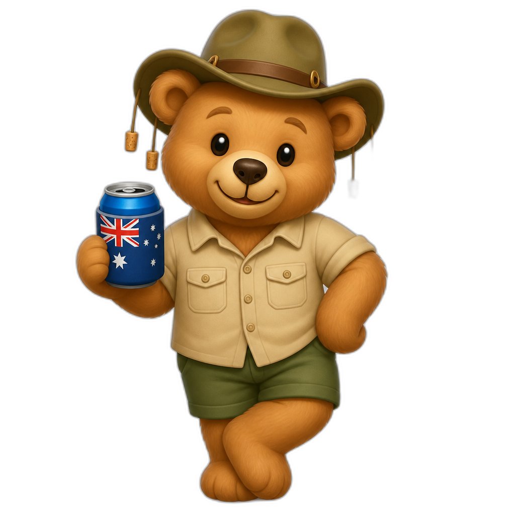 Create a any posing Teddy bear who is a stereotypical Aussie. any fur color - AI generated emoji