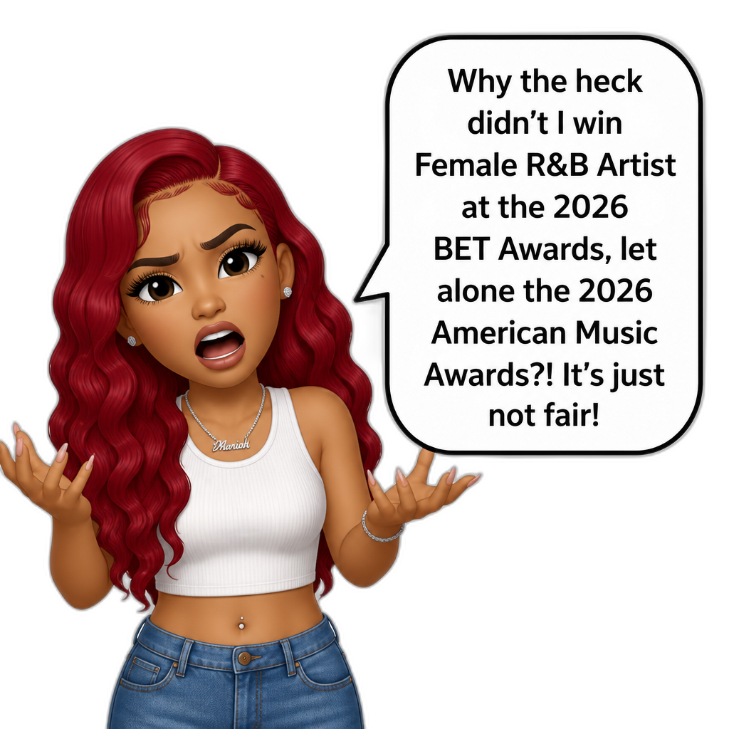 Mariah The Scientist says, "Why the heck didn't I win Female R&B Artist at the 2026 BET Awards, let alone the 2026 American Music Awards?! It's just not fair!", Mariah is wearing a sleeveless crop top, blue jeans, and has her hair dyed cherry red - AI generated emoji