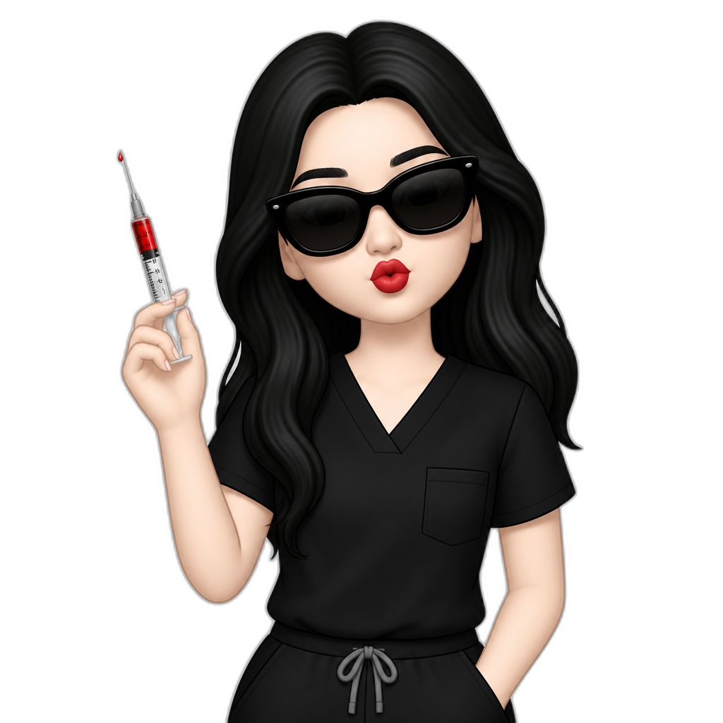 Girl in black scrubs pouting black hair and black sunglasses holding an injection with red lipstick pale skin - AI generated emoji