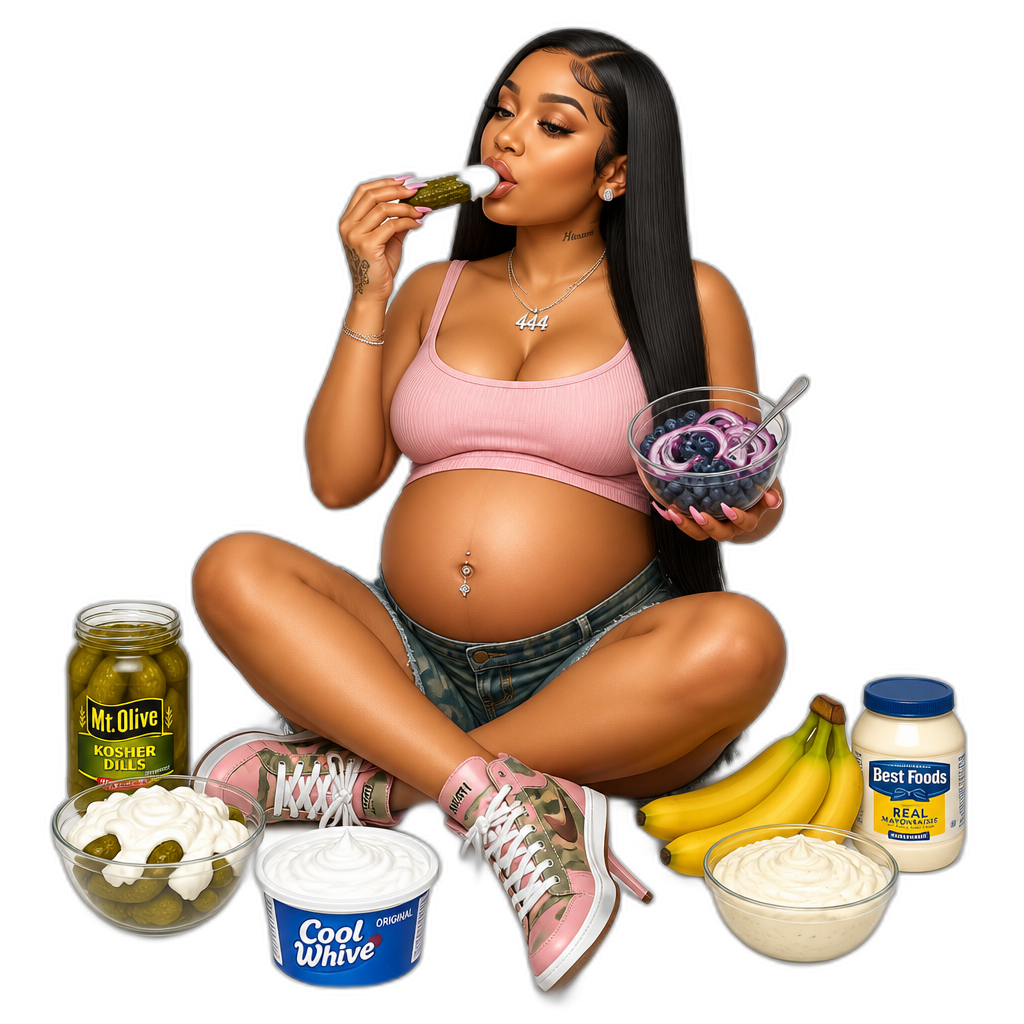 Mariah The Scientist, pregnant, photorealistic, long straight hair, pink sleeveless camisole crop top, green camo denim shorts, stiletto sneakers, eating her pregnancy cravings (pickles dipped in whipped cream, blueberries and onions, bananas dipped in sour cream and mayo, etc.) - AI generated emoji