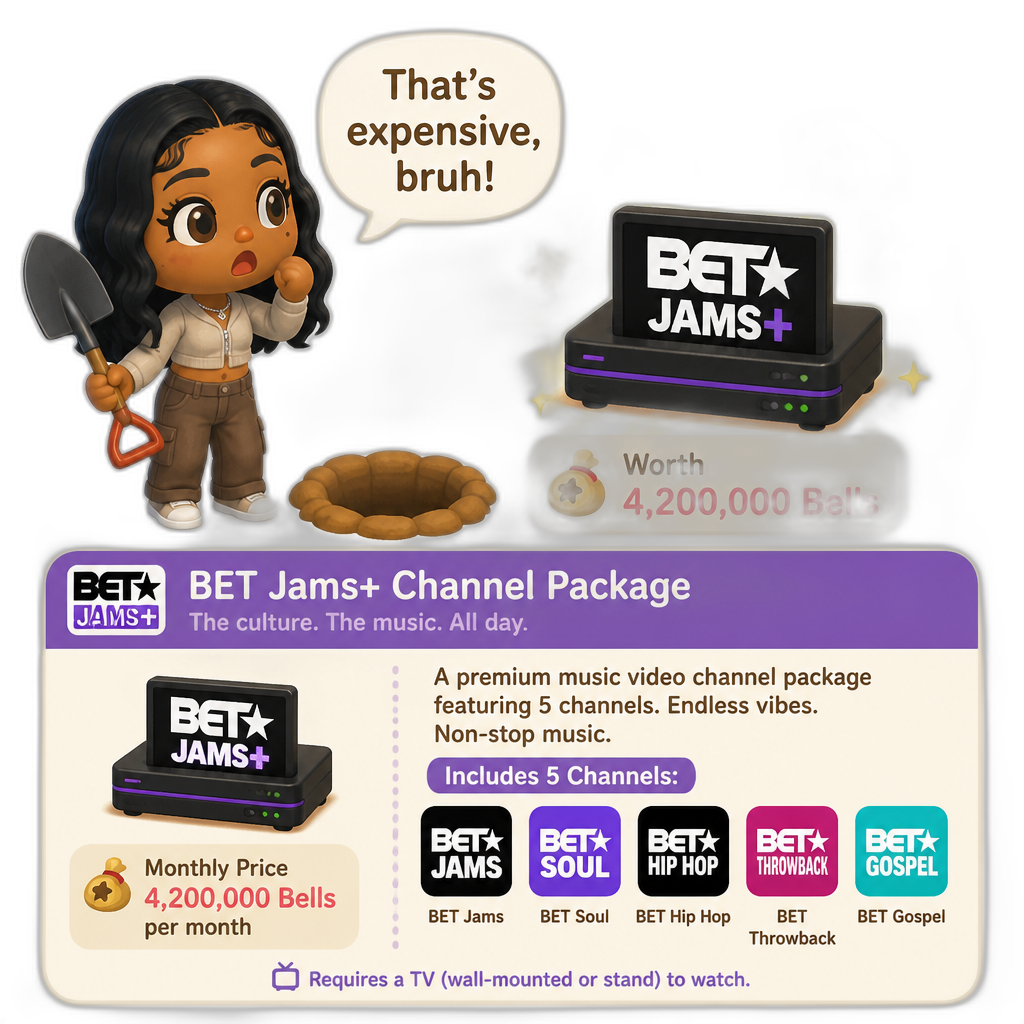 Mariah The Scientist as a Human Villager, Animal Crossing, finding an expensive item worth millions of Bells, saying "That's expensive, bruh!", BET Jams+ channel package TV item (worth millions of Bells per month), music video channel package with 5 channels - AI generated emoji