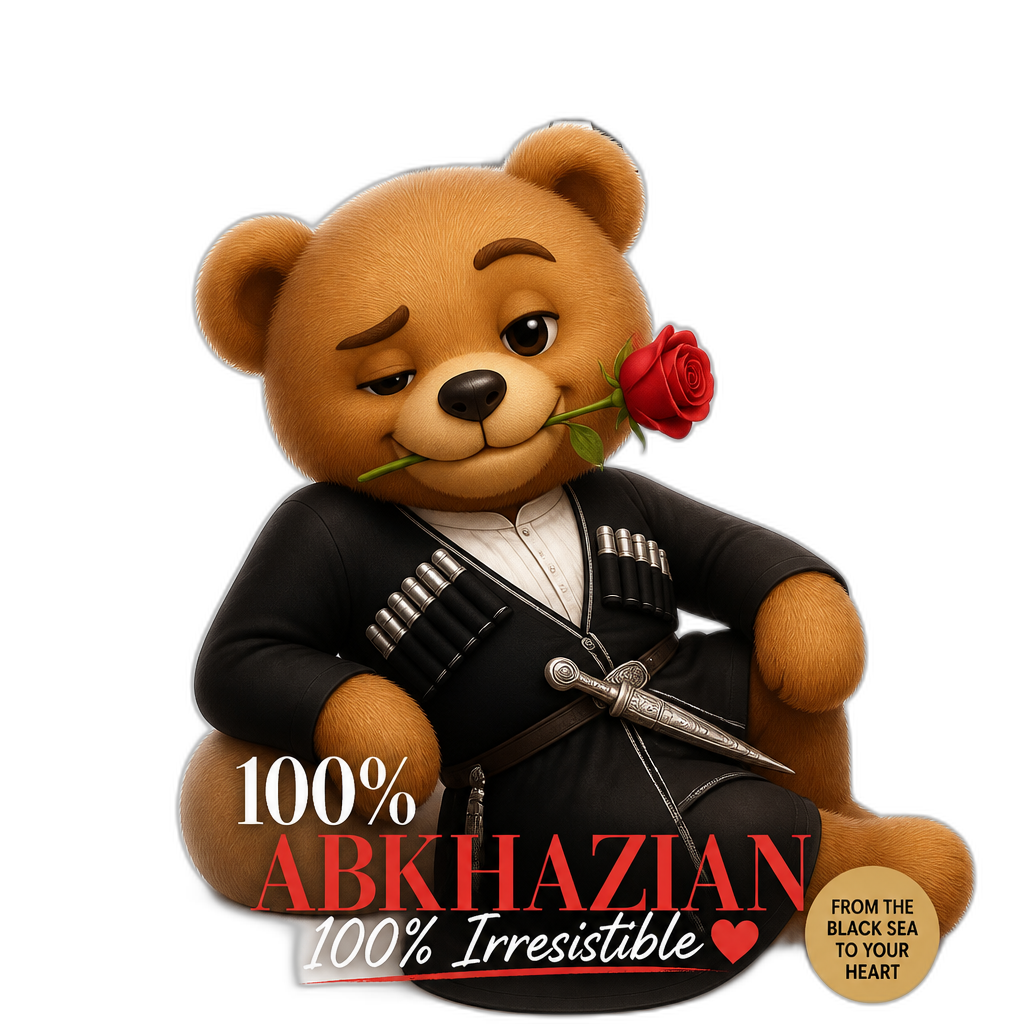 Create a Teddy bear who is a flirty Abkhazian on the magazine cover. any fur color - AI generated emoji