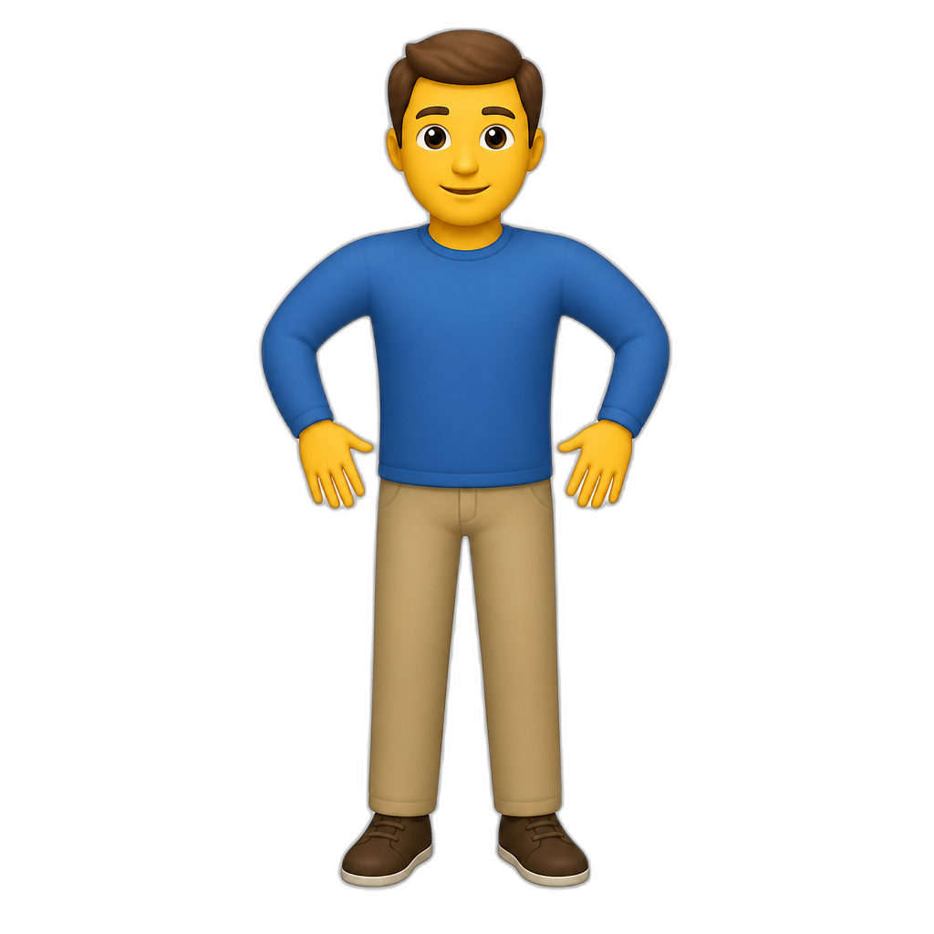 Man standing with arms akimbo — elbows bent and pushed outward away from the body, forming a wide arc or half-circle silhouette. Hands rest loosely at hip level but are not gripping or touching the waist. Palms face forward toward the viewer. Front-facing pose - AI generated emoji