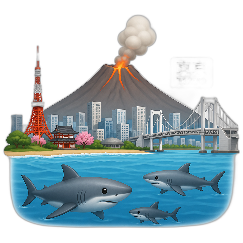 Sharks living near volcano in the coast line of Tokyo - AI generated emoji