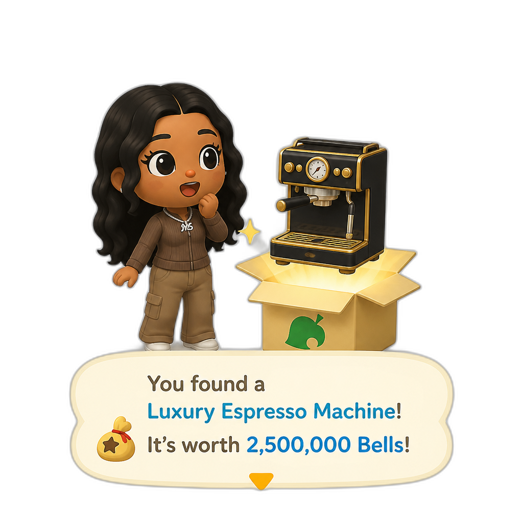 Mariah The Scientist as a Human Villager, Animal Crossing, finding an expensive kitchen item worth millions of Bells - AI generated emoji