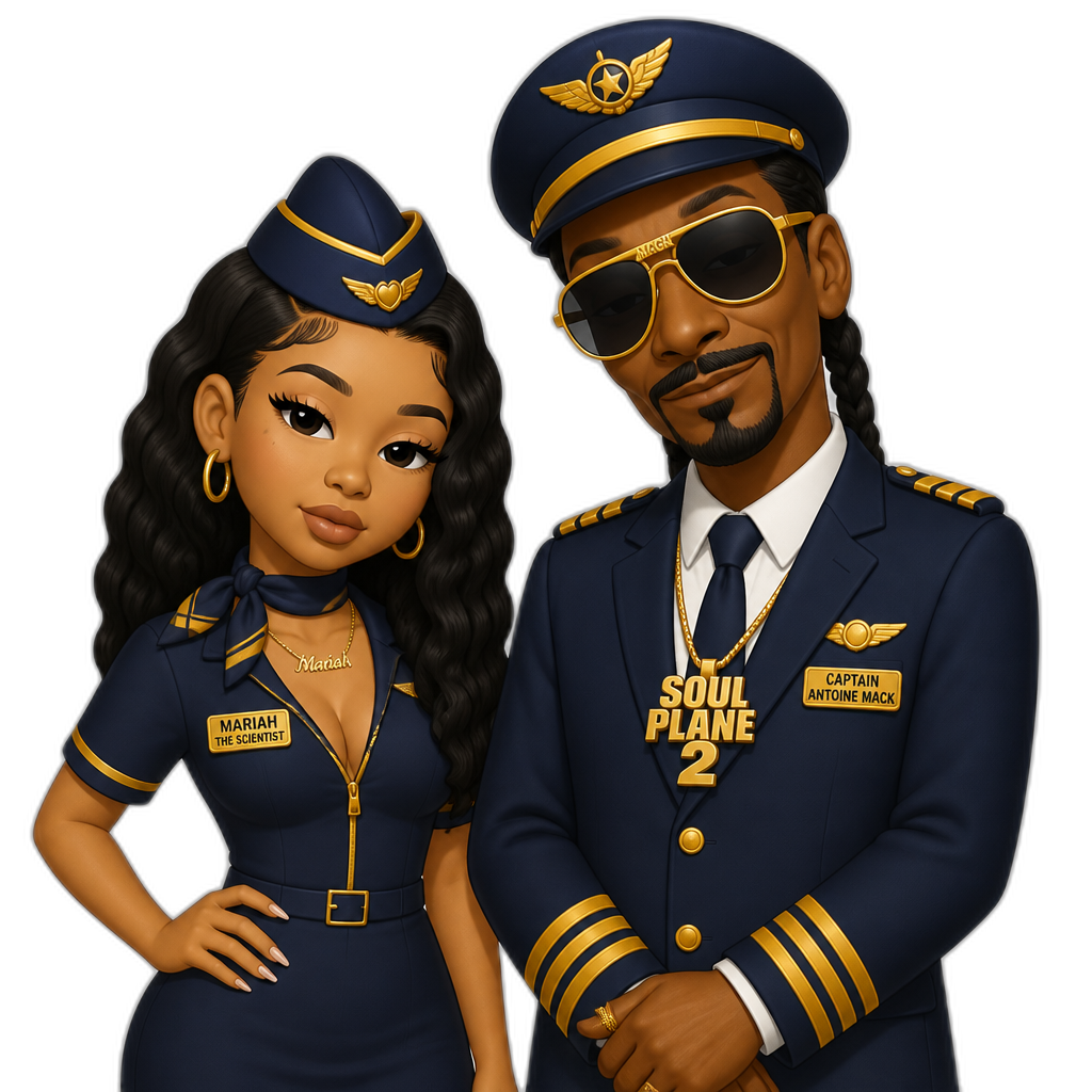 Mariah The Scientist in Soul Plane 2, as a stewardess, Captain Antoine Mack (Snoop Dogg) - AI generated emoji