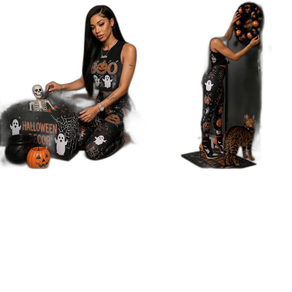 Mariah The Scientist getting ready for Halloween next month (October), photorealistic, long straight hair, with her male Bengal cat Tootie, Halloween themed clothes, sleeveless top, leggings, stiletto sneakers, setting up decorations in her apartment, interior and exterior - AI generated emoji