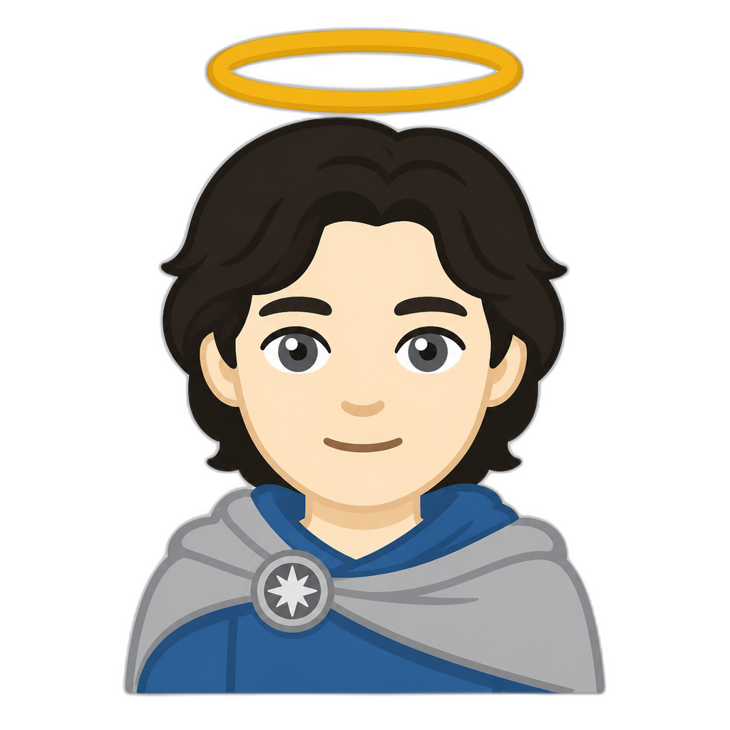 High Elf with halo over head, fair skin tone, dark hair, grey eyes, blue cloth, grey cape, brooch; FLAT thick minimal style. No pointy ears, no gender. - AI generated emoji