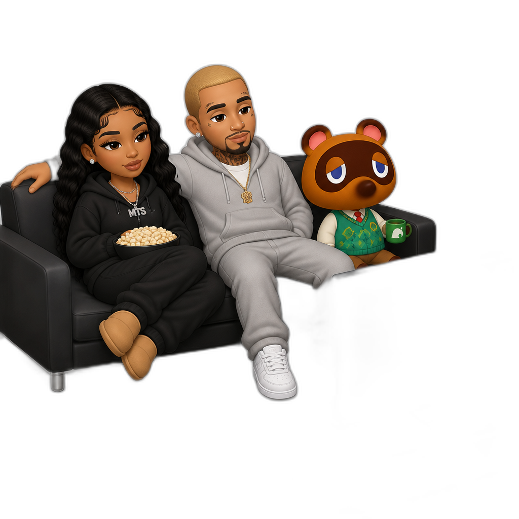Mariah The Scientist, Animal Crossing, sitting on a Sleek Couch, watching TV on a Widescreen TV, with Chris Brown sitting nex to her - AI generated emoji