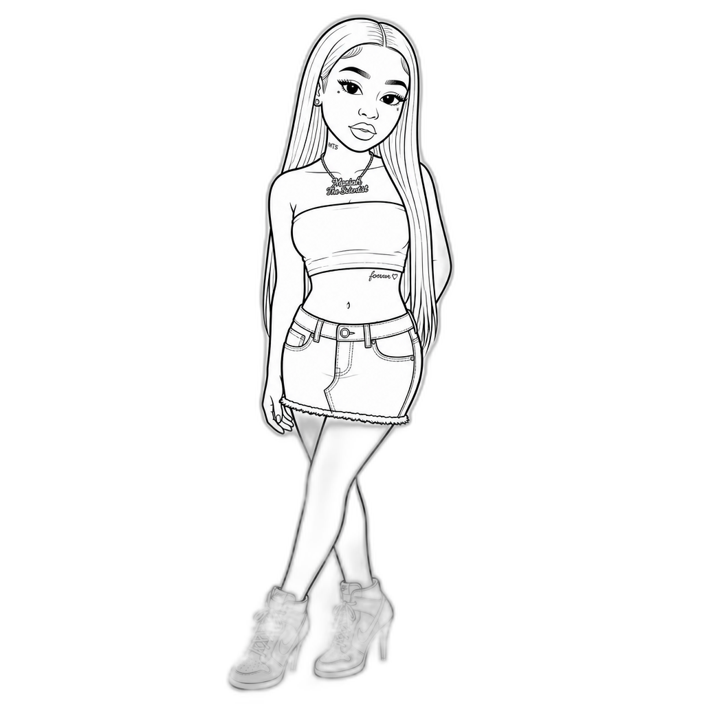 Mariah The Scientist coloring book picture, long straight hair, strapless crop top, denim skirt, stiletto sneakers - AI generated emoji