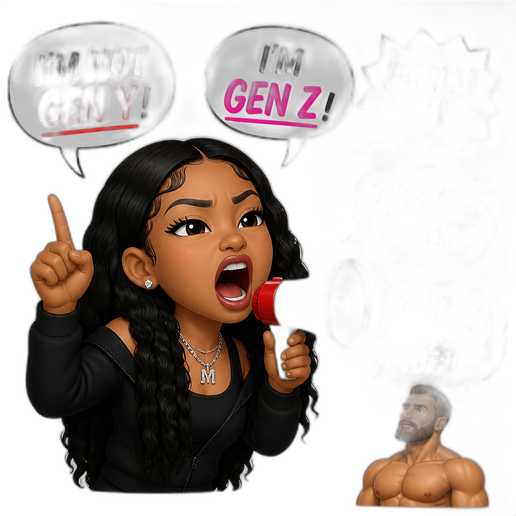 Mariah The Scientist yelling that she's not a Gen Y, but a Gen Z, and yelling fanam tax and rizzy rizz and Giga Chad stuff - AI generated emoji