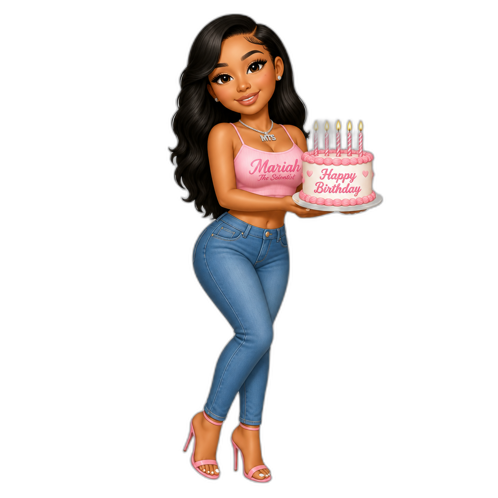 Mariah The Scientist with a birthday cake, smiling, pink crop top, blue jeans, stilettos - AI generated emoji