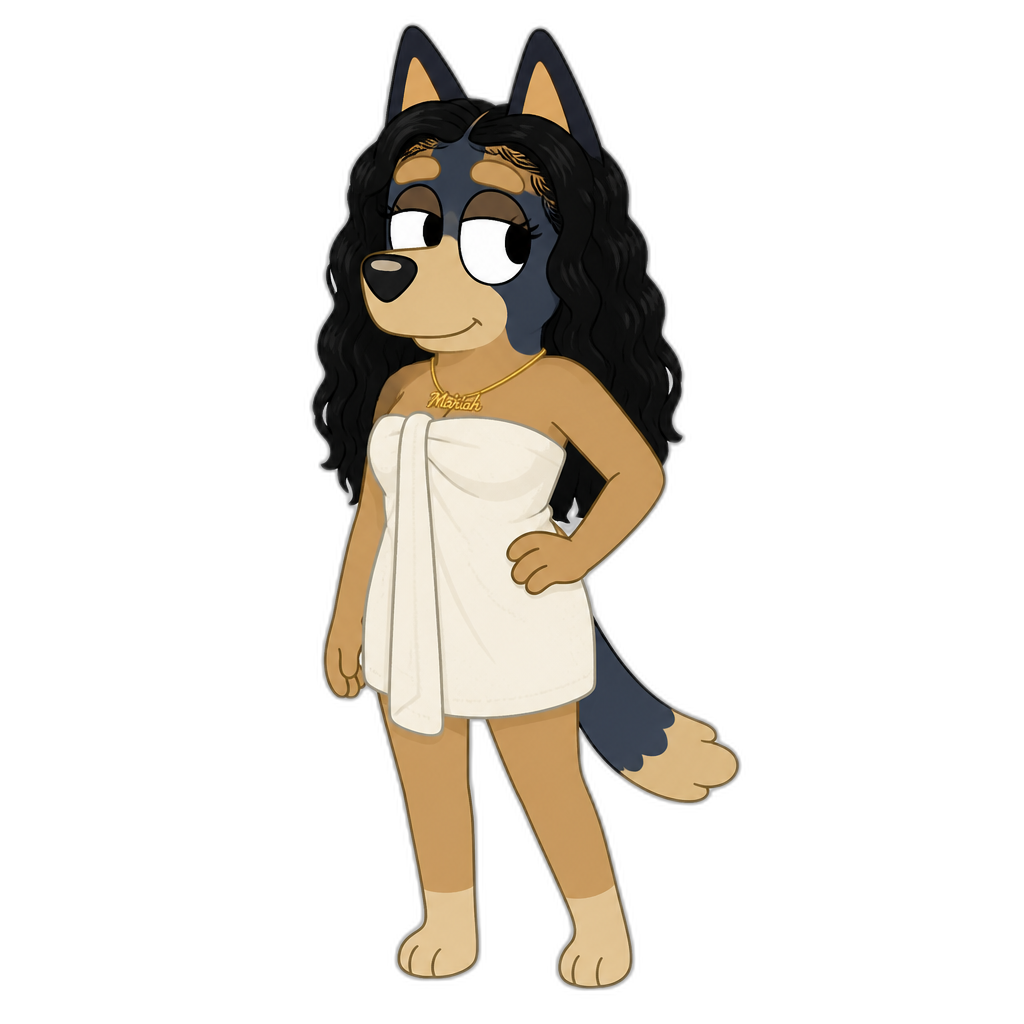 Mariah The Scientist in a towel dress, Bluey cartoon style, anthro dog, grownup - AI generated emoji