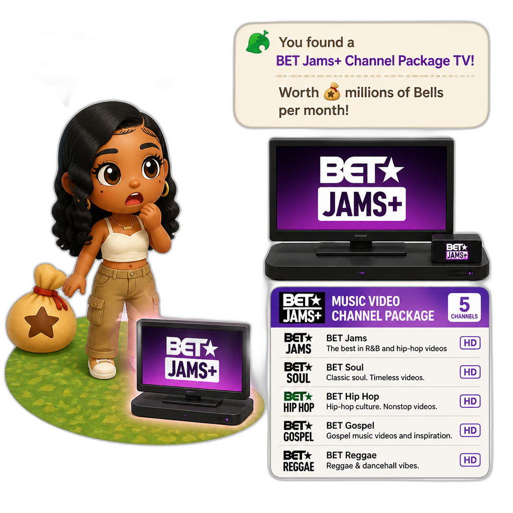 Mariah The Scientist as a Human Villager, Animal Crossing, finding an expensive item worth millions of Bells, saying "That's expensive, bruh!", BET Jams+ channel package TV item (worth millions of Bells per month), music video channel package with 5 channels - AI generated emoji