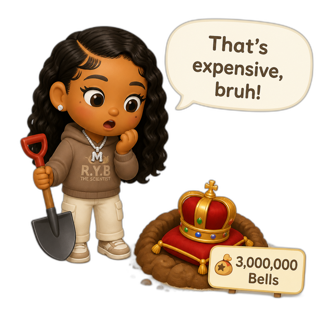 Mariah The Scientist as a Human Villager, Animal Crossing, finding an expensive item worth millions of Bells, saying "That's expensive, bruh!" - AI generated emoji
