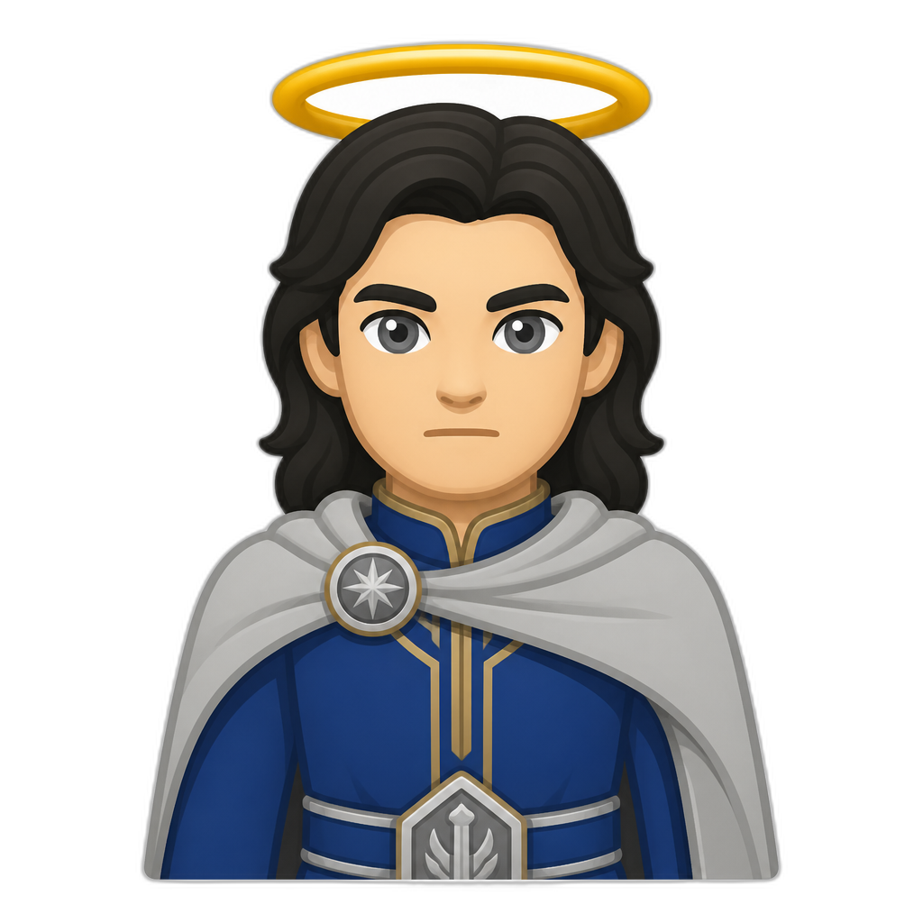 Mighty legendary Elf lord with halo over head, fair skin tone, dark hair, grey eyes, blue cloth, grey cape, brooch; serious expression. FLAT thick minimal style. No pointy ears, no gender. - AI generated emoji