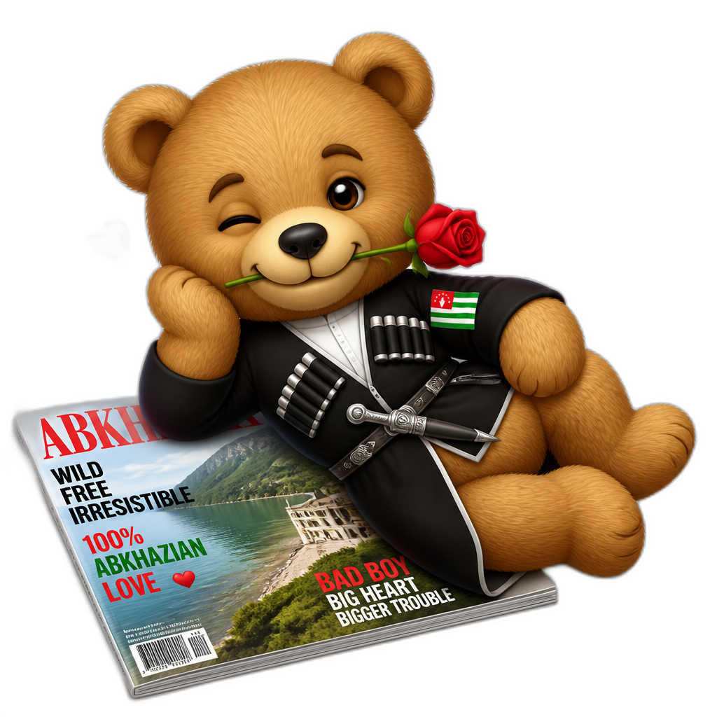 Create a Teddy bear who is a flirty misbehaving love Abkhazian on the magazine. any fur color - AI generated emoji