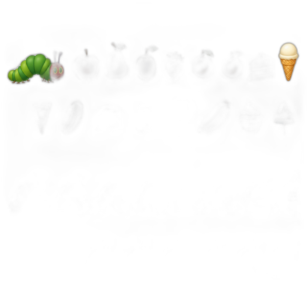 The very hungry caterpillar apple pear plum strawberry oranges, chocolate cake, ice cream, cone one pickle one slice of Swiss cheese once salami one lollipop one sausage and one cupcake and one slice of lollipop and they eat it - AI generated emoji