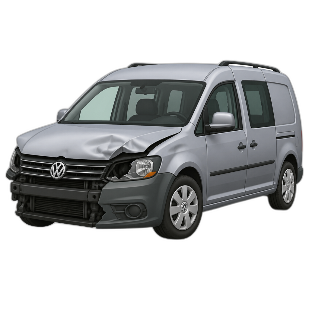 2009 grey vw caddy maxi with left front end smashed in with passenger side broken light and left side of the front bumper missing - AI generated emoji