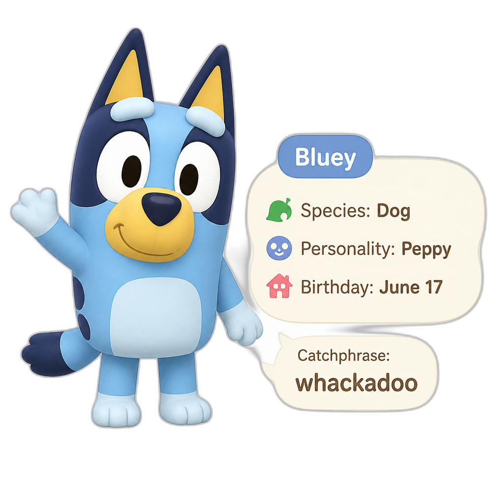 Bluey as an Animal Crossing Villager, 'whackadoo' as a catchphrase - AI generated emoji