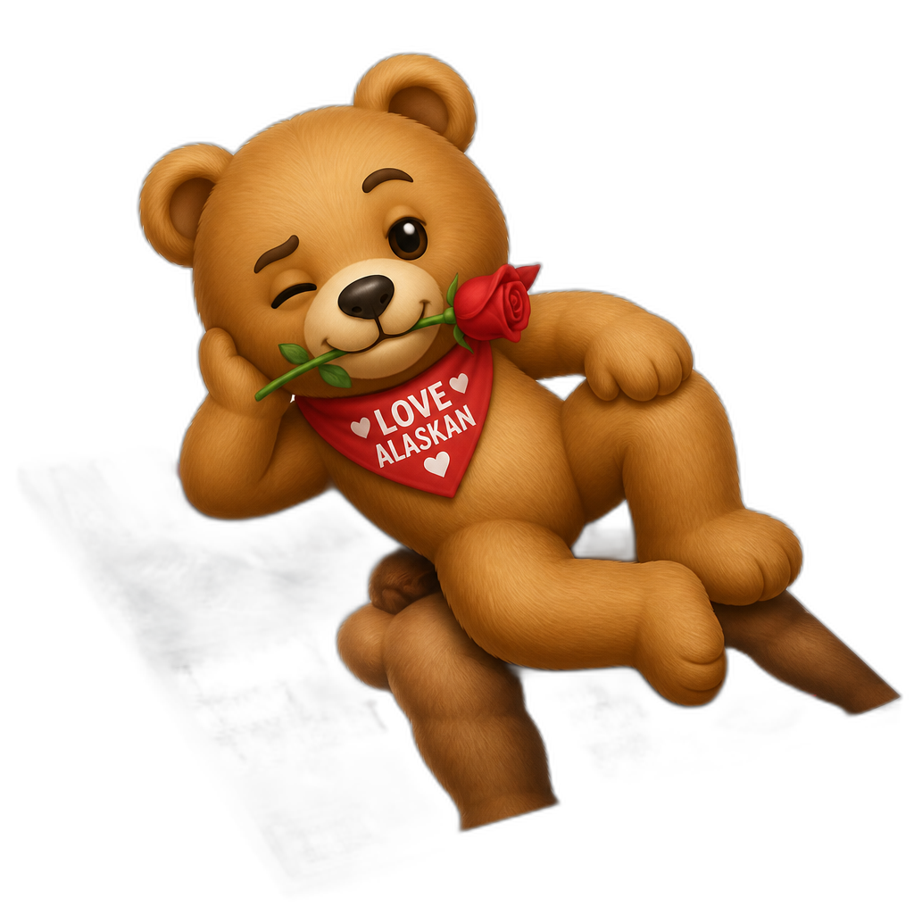 Create a Teddy bear who is a flirty misbehaving love Alaskan on the magazine. any fur color - AI generated emoji