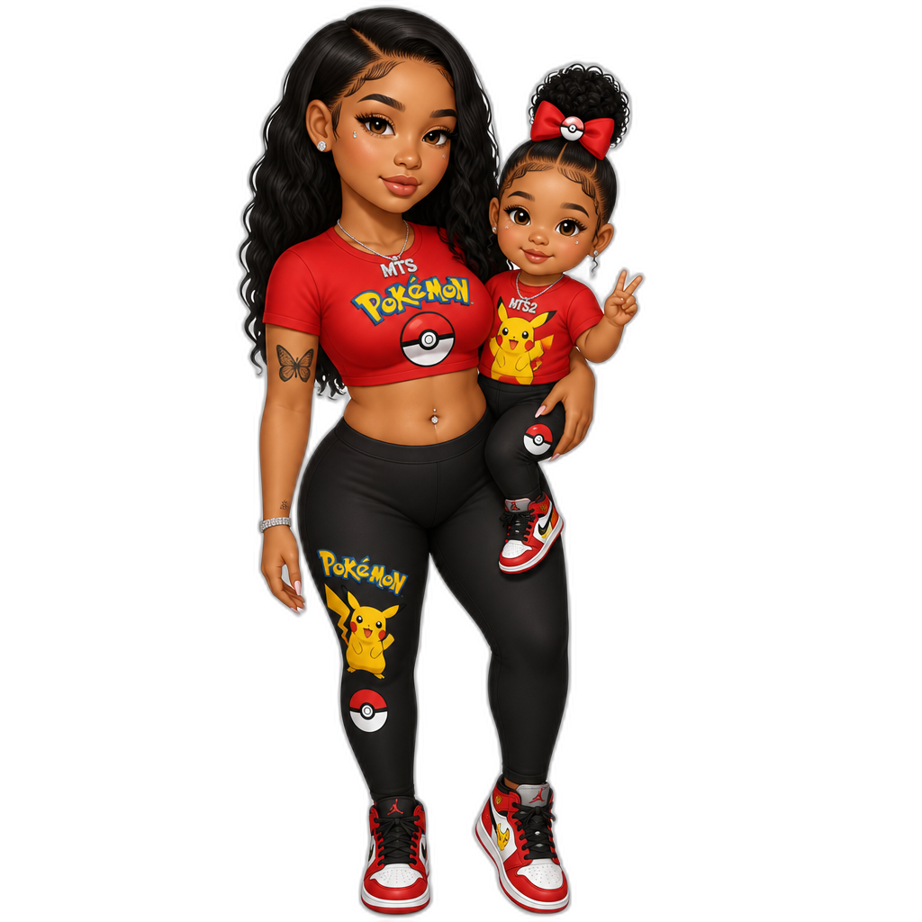 Mariah The Scientist with her little daughter Mariah the 2nd, Mariah with a mom bod, short sleeved red crop top, leggings, Pokemon themed clothes - AI generated emoji