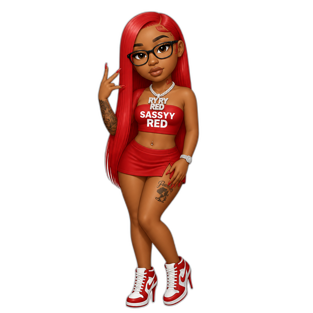 Mariah The Scientist fused with Sassyy Red (black female rapper, long straight red hair, glasses, strapless crop top, skirt, stiletto sneakers Ry Ry Red necklace) - AI generated emoji