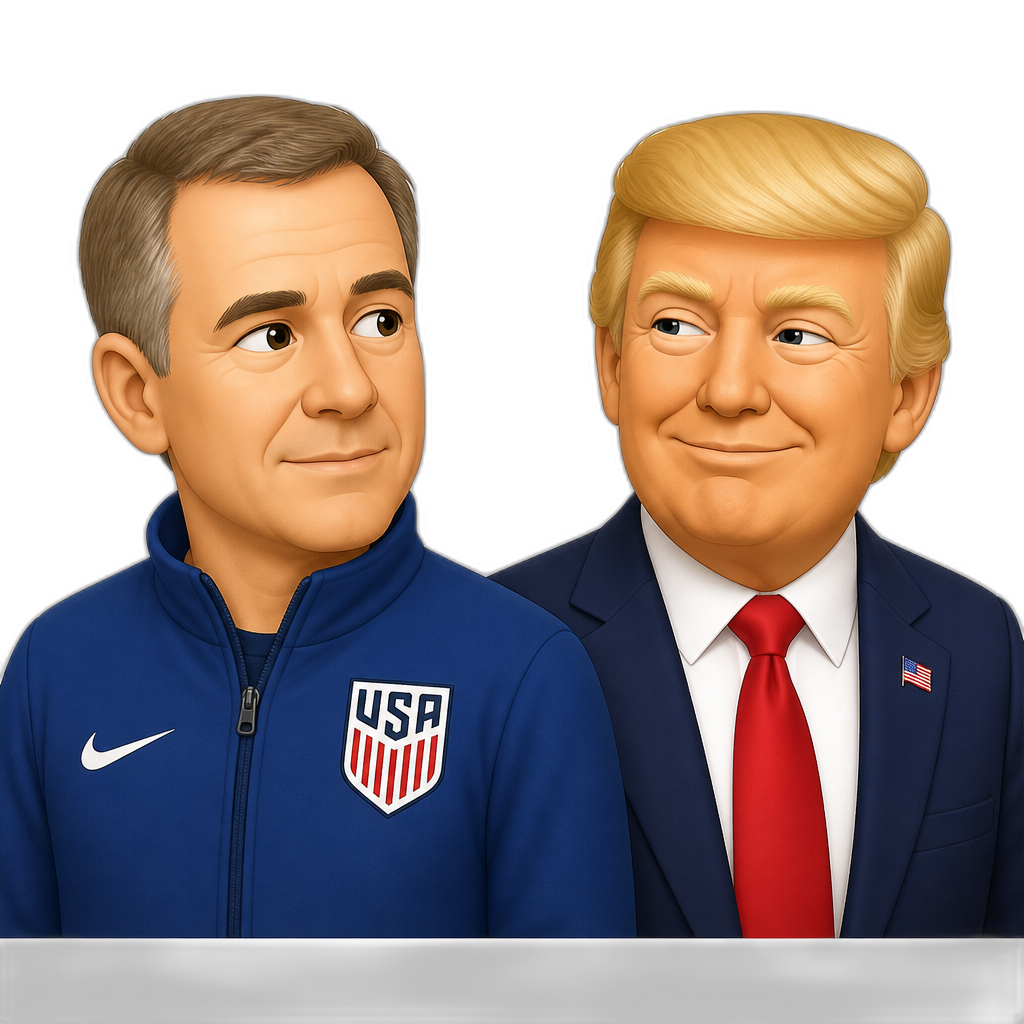 a middle aged white man with his head slightly turned to the left in a blue zipped jacket with the USA soccer logo on the right with donald trump - AI generated emoji
