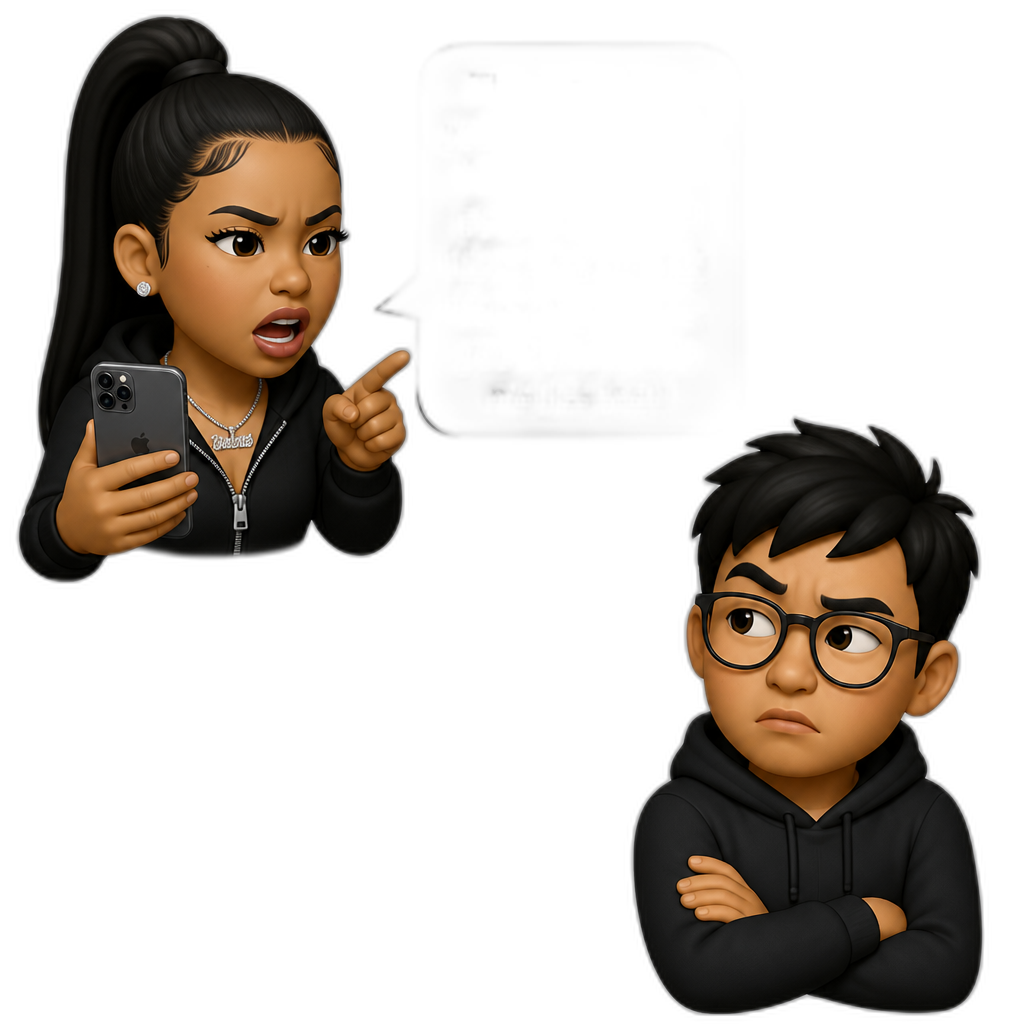 Mariah The Scientist says, "That's not how you talk to people! You don't talk to people like that! Never in your life! Never in your life, you don't talk to me like that!", while holding her smartphone, with her hair up in a ponytail, to a paranoid Filipino guy with glasses that then says, "Stay outta my business. Bruh." - AI generated emoji