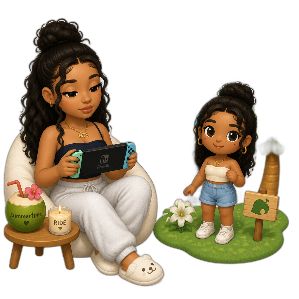 Mariah The Scientist, summertime, playing Animal Crossing: New Horizons, with herself as a human Villager - AI generated emoji