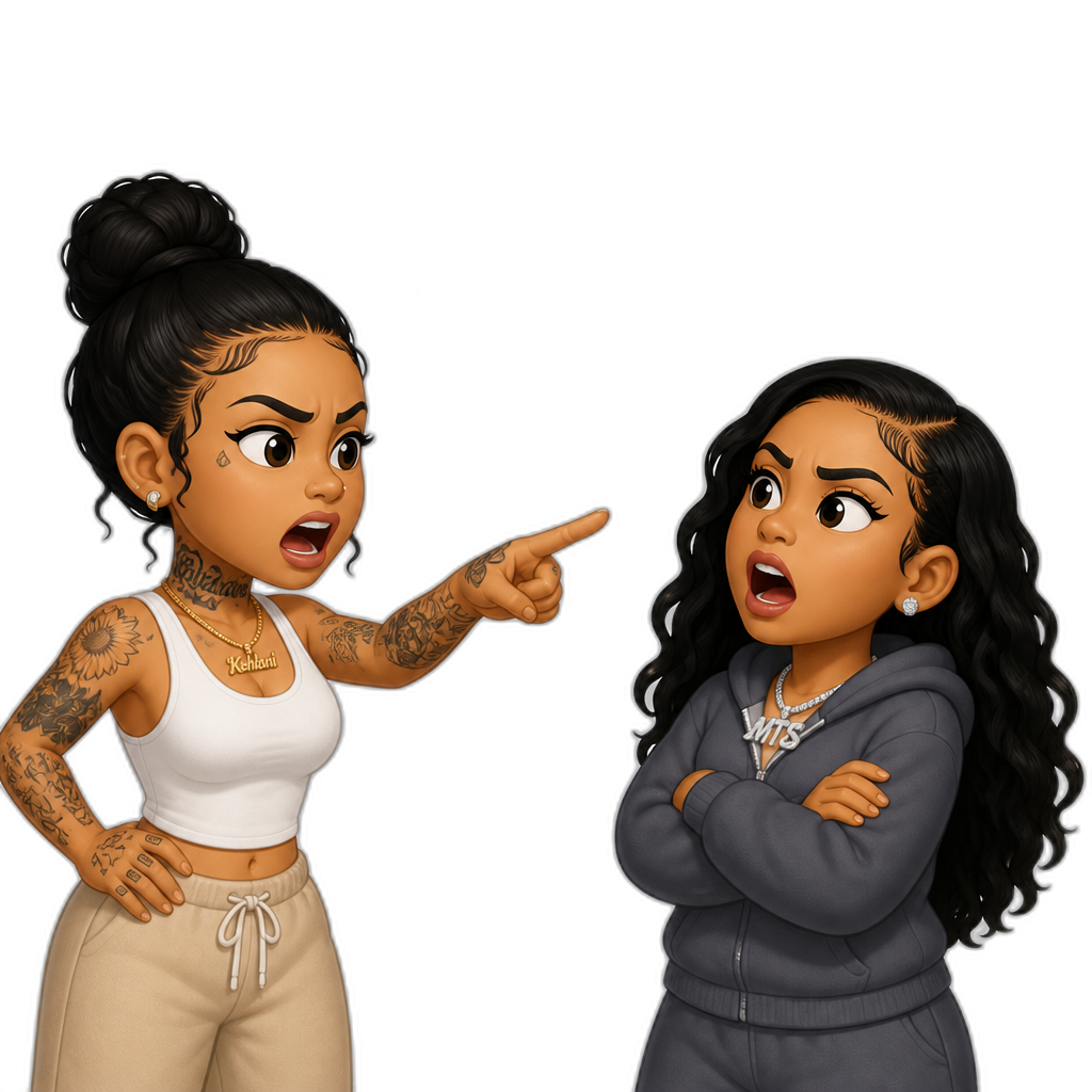 Kehlani grounding Mariah The Scientist for yelling at her for winning at the 2026 AMAs and BET Awards instead of Mariah herself, Kehlani saying, "Mariah The Scientist! You're grounded grounded grounded! Go upstairs to your room right now!", Mariah saying, " You ain't my mom! You can't ground me!", cartoon style - AI generated emoji
