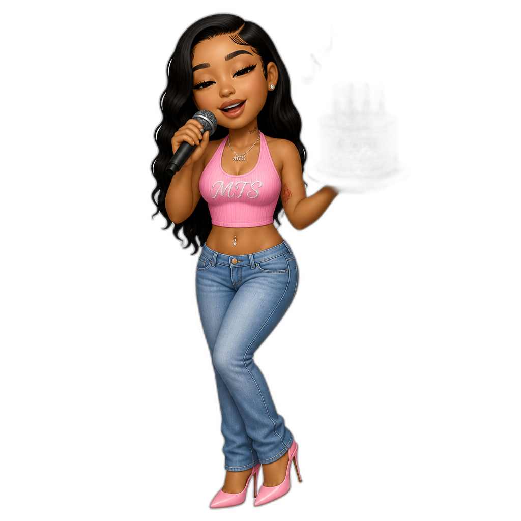 Mariah The Scientist with a birthday cake, smiling, pink crop top, blue jeans, stilettos, singing Happy Birthday - AI generated emoji