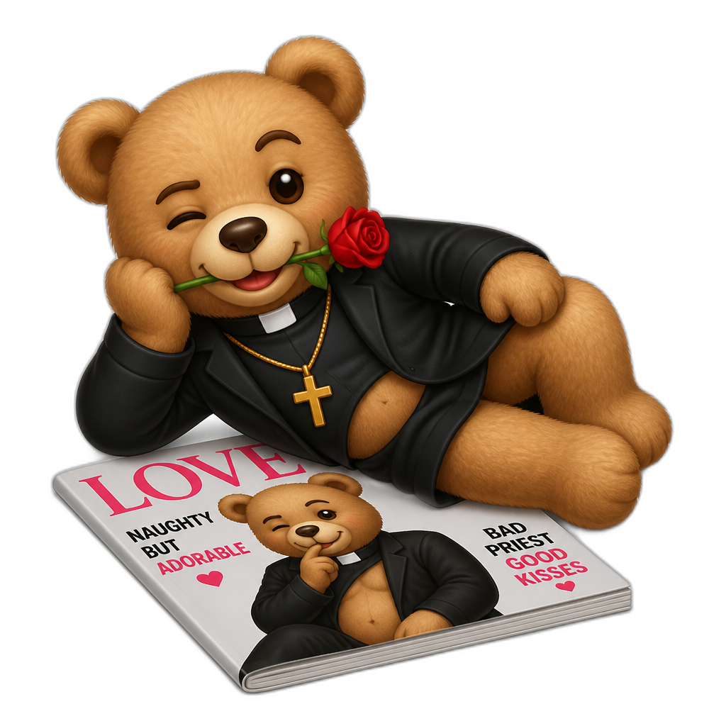 Create a Teddy bear who is a flirty misbehaving love-expression Priest on the magazine book. any fur color - AI generated emoji