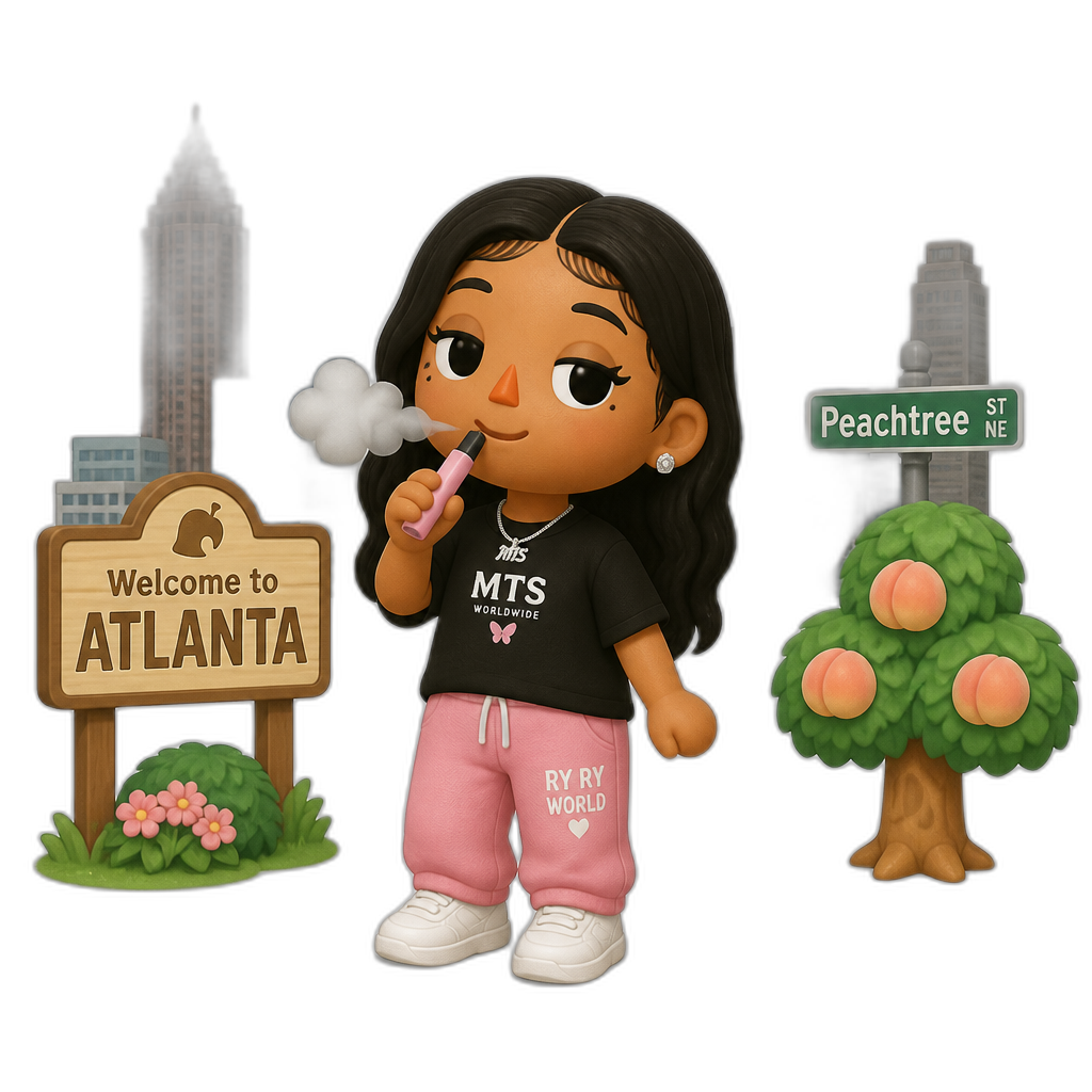 Mariah The Scientist as a Human Villager, Animal Crossing, vaping, Atlanta backdrop - AI generated emoji