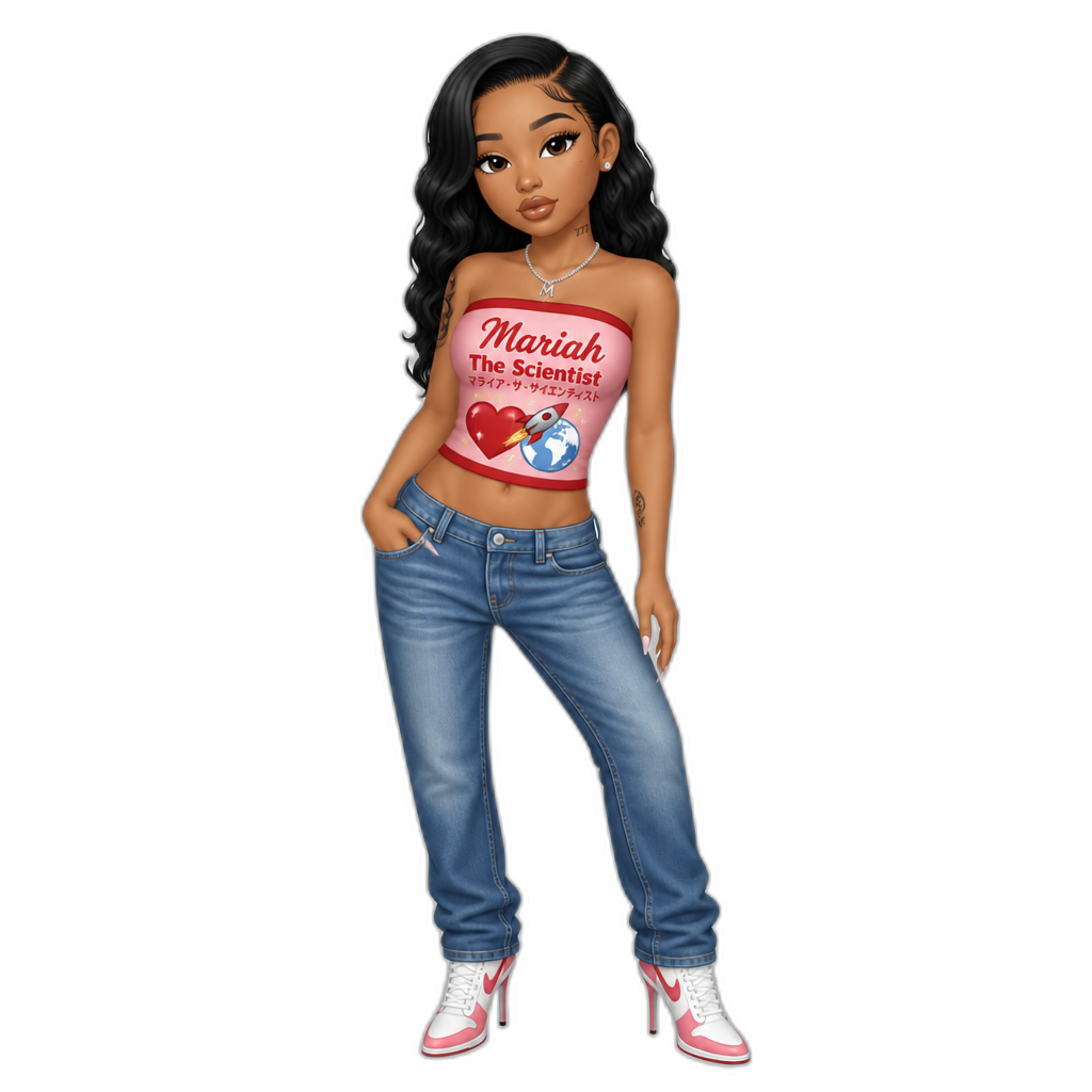 Mariah The Scientist in a strapless red and pink crop top that reads "Mariah The Scientist" with katakana translation underneath, heart and rocket with a globe on the shirt, blue jeans, stiletto sneakers - AI generated emoji