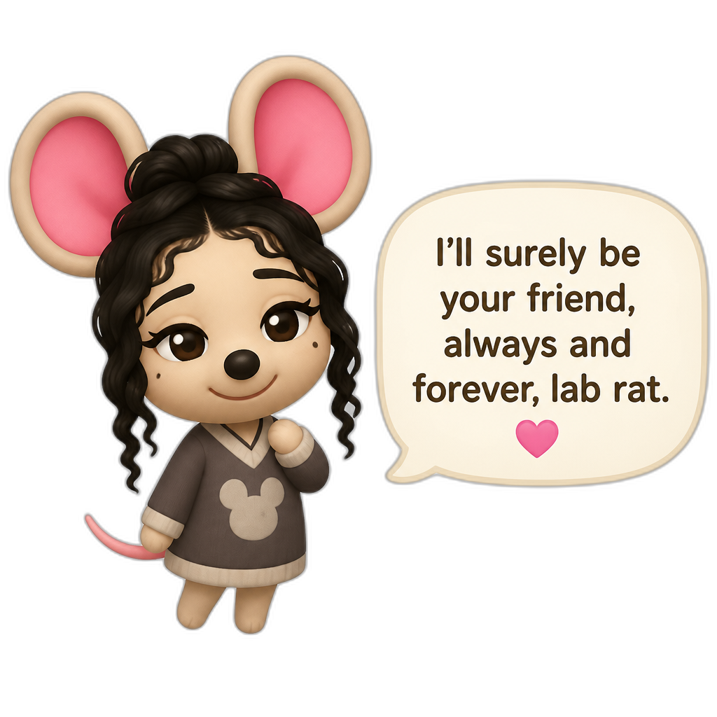Mariah The Scientist as a Mouse Villager in ACNH, saying "I'll surely be your friend, always and forever, lab rat." - AI generated emoji