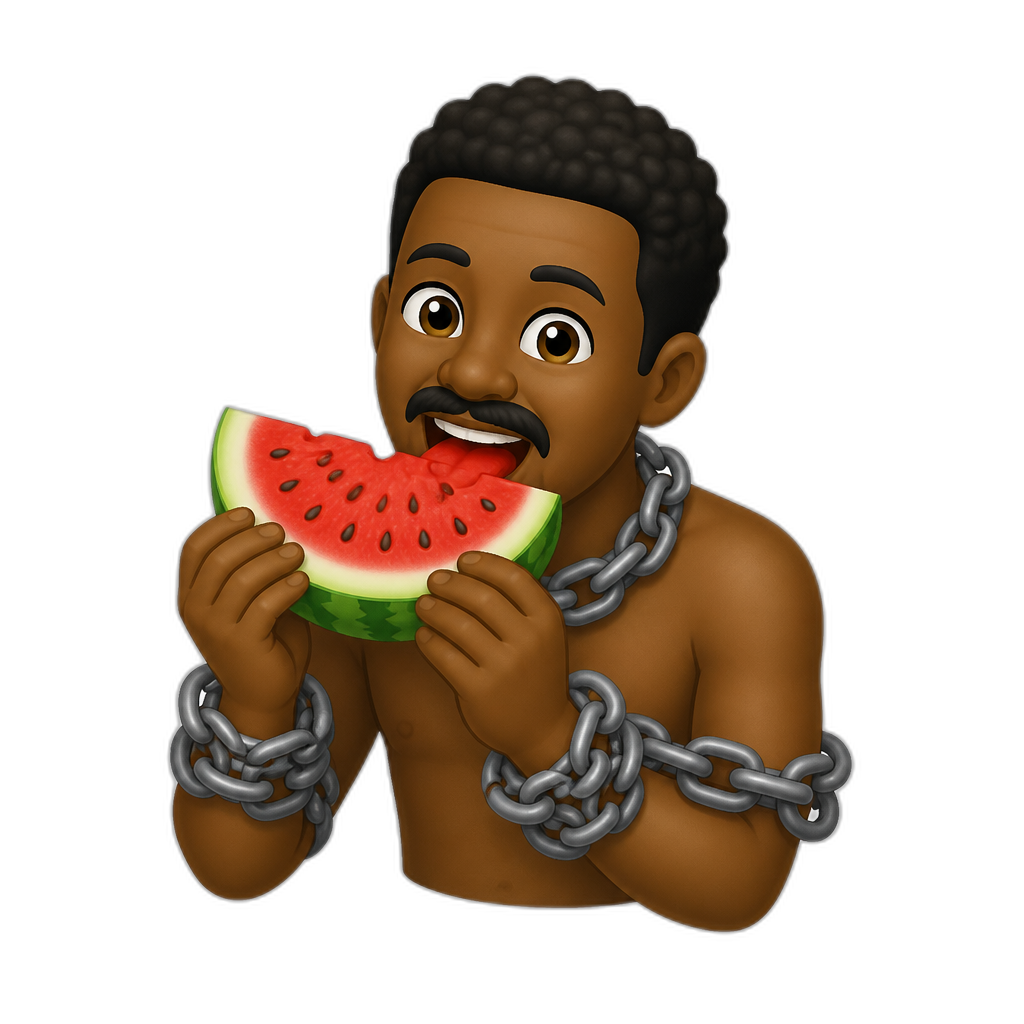 man with chain around arms and neck eating a watermelon african - AI generated emoji