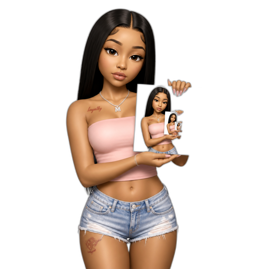 Mariah The Scientist holding a pic of herself holding a pic of herself holding a pic of herself, photorealistic, long straight hair, strapless pink crop top, denim shorts - AI generated emoji