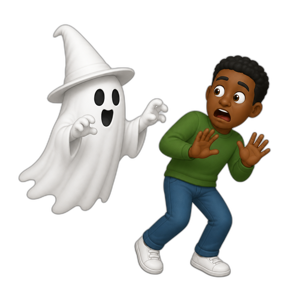 a ghost with a white pointed hat spooking an african man - AI generated emoji