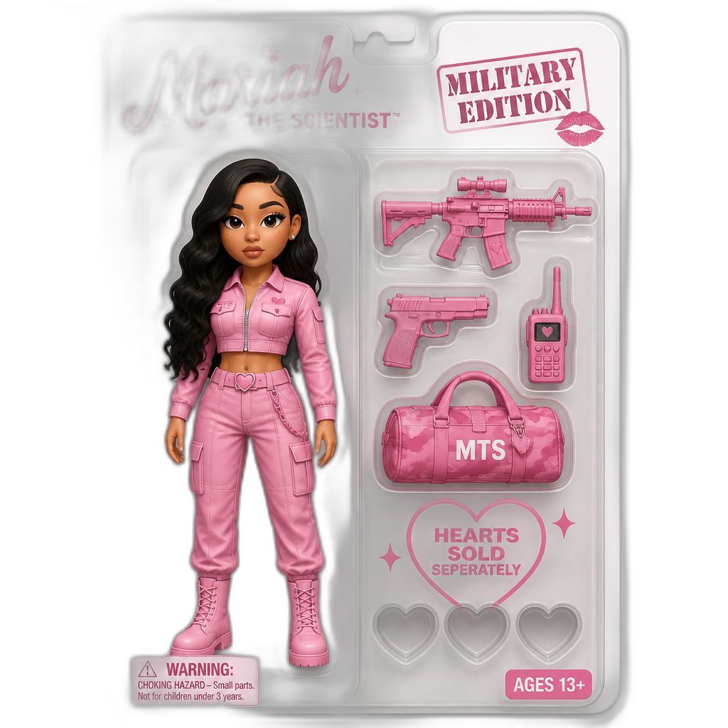 Mariah The Scientist military themed action figure, pink outfit, HEARTS SOLD SEPERATELY, ages 13+ - AI generated emoji