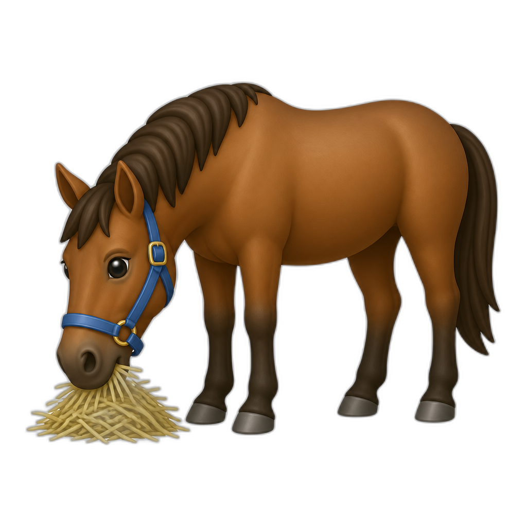 Brown howrse with blue halter munching on hay - AI generated emoji