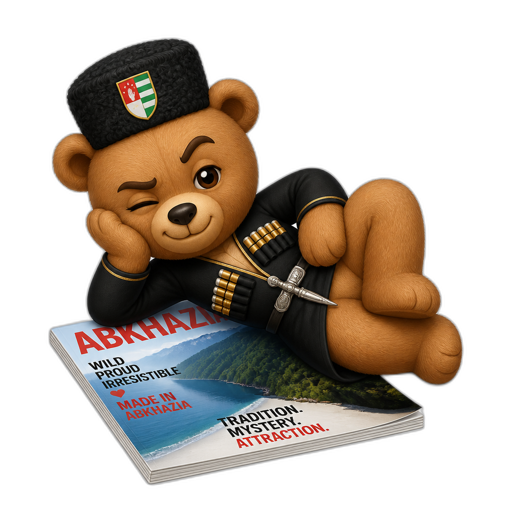 Create a Teddy bear who is a flirty mischievous Abkhazian on the magazine. any fur color - AI generated emoji