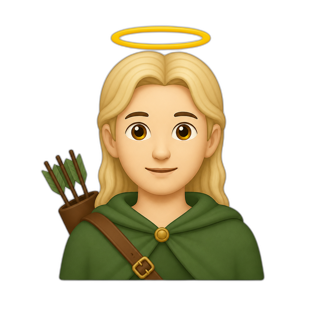 Gender-neutral High Elf with halo over head, fair skintone, green cloth, and quiver on the left shoulder; flat Noto Emoji style, minimal. No pointy ears - AI generated emoji